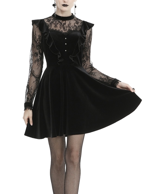 Lace Button Chest Frilly Long Sleeves High Waisted Black Velvet Gothic Dress