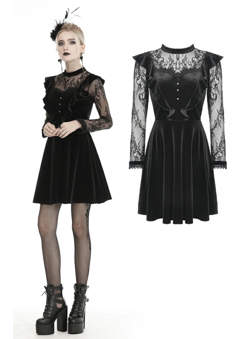 Lace Button Chest Frilly Long Sleeves High Waisted Black Velvet Gothic Dress