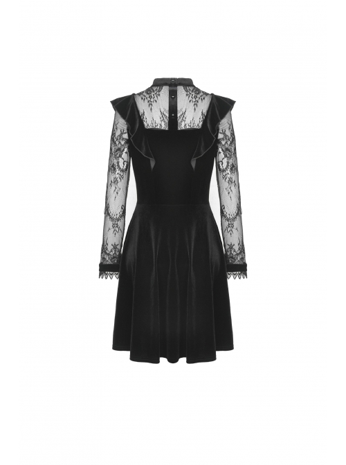 Lace Button Chest Frilly Long Sleeves High Waisted Black Velvet Gothic Dress
