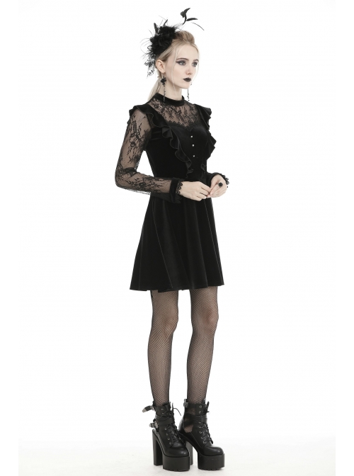 Lace Button Chest Frilly Long Sleeves High Waisted Black Velvet Gothic Dress