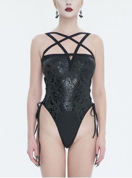 Black Stretch Bright Pentagram Print Side Cutout Strap Gothic Camisole One-Piece Swimsuit
