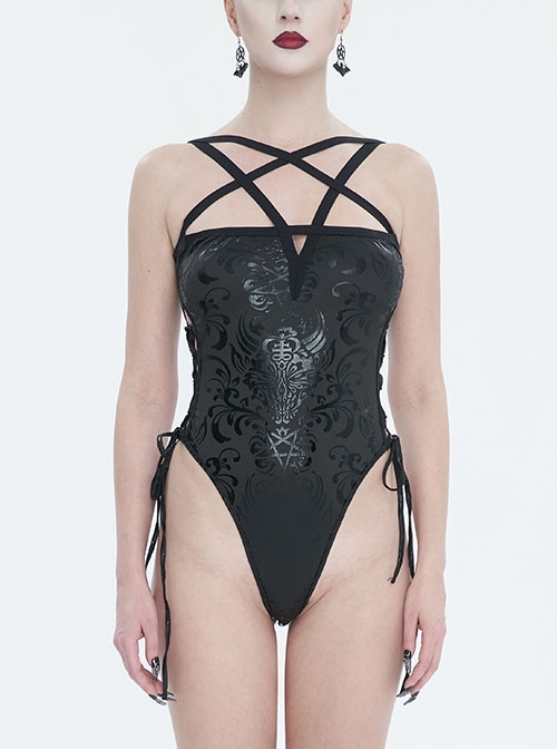 Black Stretch Bright Pentagram Print Side Cutout Strap Gothic Camisole One-Piece Swimsuit