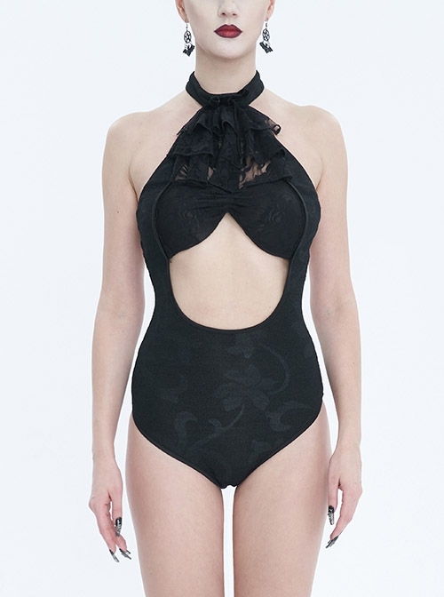 Stretch Black Textured Print Gothic Butterfly Halterneck Lace One-Piece Swimsuit