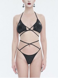 Pentagram Black Patent Effect Print Sexy Gothic Strap Swimsuit Set