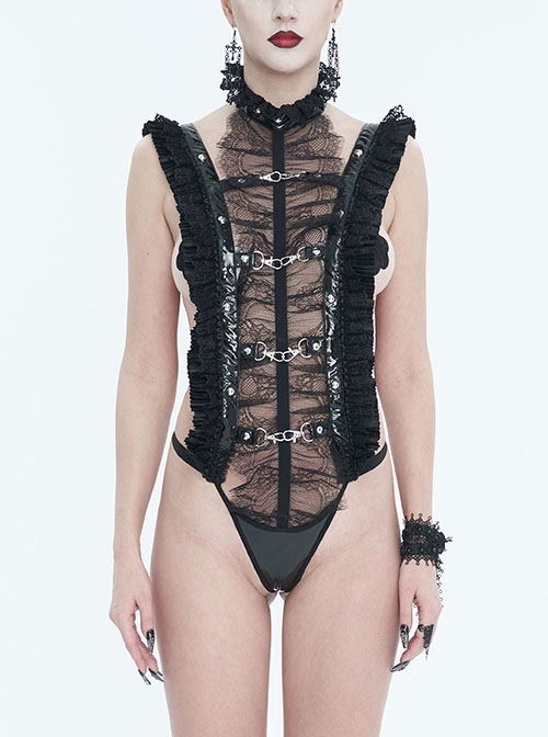 Stretch Black Patent Leather Sexy Cutout Lace Ruffle Gothic Button Bodysuit
