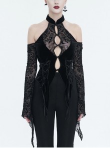 Black Pentagram Flocking Rope Rose Button Gothic Sexy Off-Shoulder Long Sleeve T-Shirt
