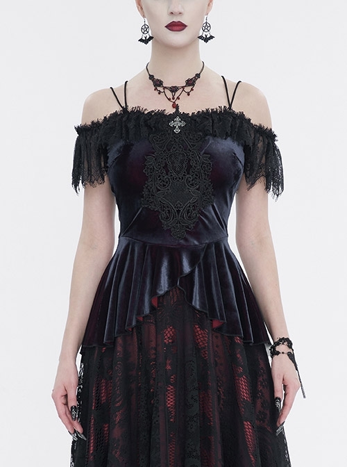 Stretch Wine Red Velvet Eyelash Lace Short-Sleeved Gothic Style One-Shoulder Strap T-Shirt