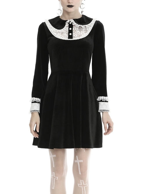 Lolita Doll Collar Lace Button Long Sleeves Black Gothic Dress