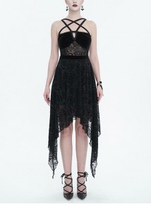 Stretch Black Pentagram Flock Print Gothic Sexy Sheer Dress