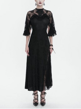 Stretch Black Printed Knit Panel Lace Gothic High Slit Asymmetric Dress