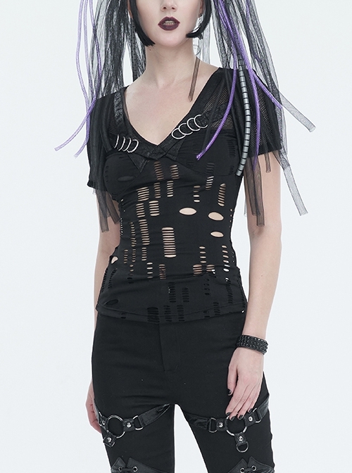 Black Stretch Destroyed Faux Leather V-Neck Metal Ring Punk Style Daily T-Shirt