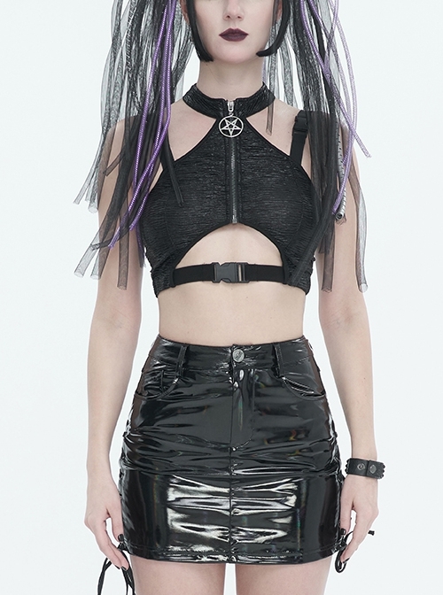 Black Slim Knit Mechanic Computer Moire Adjustable Punk Halter Vest