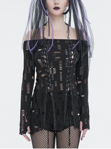 Loose Black Elastic Ripped One-Shoulder Rope Gothic Style Halter Neck Long-Sleeved T-Shirt