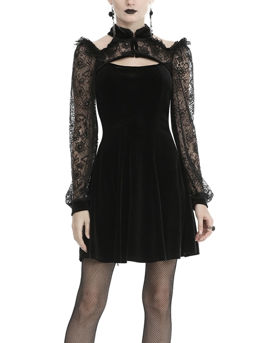 Black Cheongsam Collar Chest Hollow Lace Long Sleeves Velvet Gothic Dress