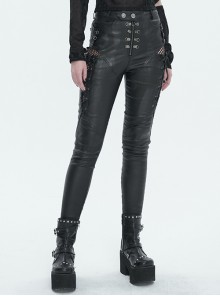 Black Stretch-Black Faux-Leather-Paneled Mesh Punk-Inspired Daily Trousers