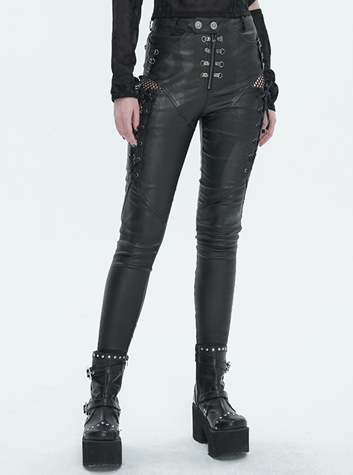 Black Stretch-Black Faux-Leather-Paneled Mesh Punk-Inspired Daily Trousers