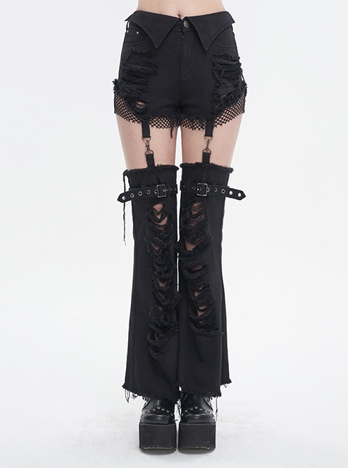 Black Segmented Splicing Old-Fashioned Holes Punk-Style Flared Trouser
