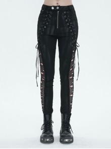 Black Stretch Twill Paneled Punk Mesh Perforated Trousers
