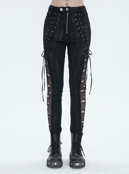 Black Stretch Twill Paneled Punk Mesh Perforated Trousers