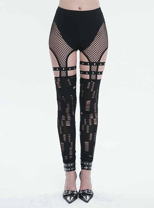 Black Elastic Asymmetrical Hole Knit Stitching Mesh Punk Style Sexy Hollow Leggings