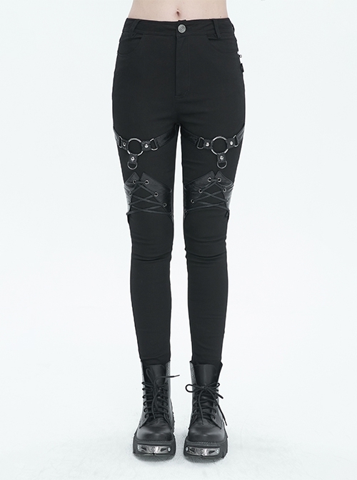 Slightly Elastic Black Twill Pu Tie Rope Decoration Punk Style Daily Trousers