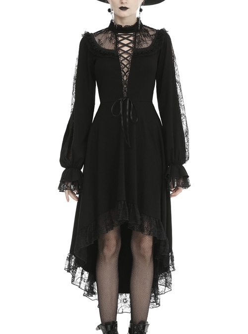 Lace Chest Lace-Up Long Sleeves Rear Long Hem Black Gothic Dress