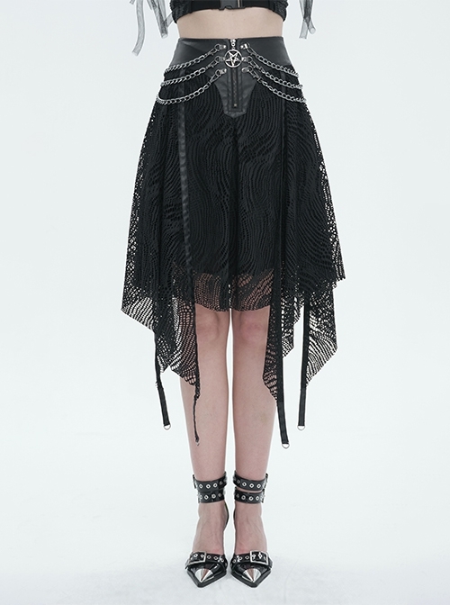 Black Irregular Half Hollow Knit Metal Chain Decorated Punk Style Daily Skirt