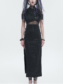 Black Irregular Knit Paneled Mesh Side Slit Punk Off-The-Shoulder Dress