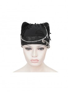 Black Knit Stiff Breathable Metal Chain Embellished Punk Style Ripped Cat Ear Hat