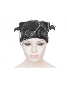 Black Knitted Wavy Stiff Breathable Punk Chain Cat Ear Hat