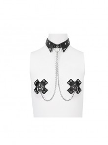 Sexy Black Faux Leather Metal Stud Chain Gothic Choker Cross Nipple Stickers