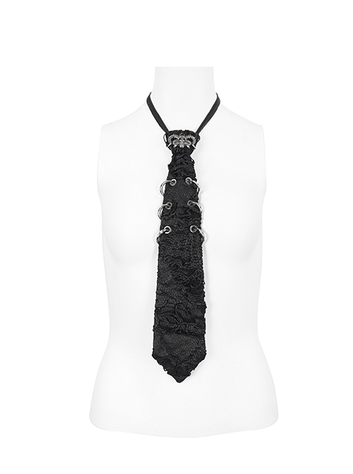 Adjustable Black Dipped Knit Side Metal Ring Punk Cool Skull Tie