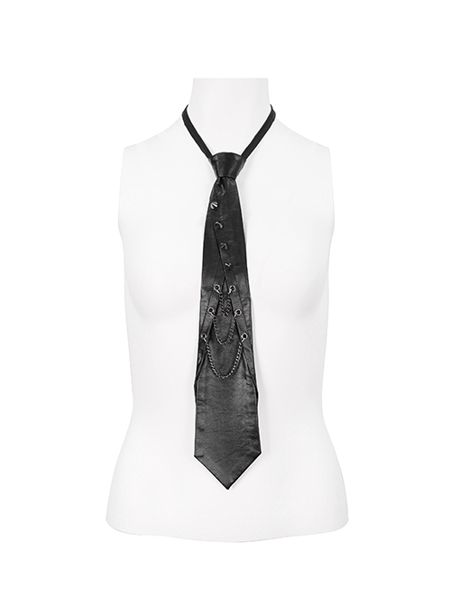 Black Asymmetric Split Metal Circle Chain Punk Black Leather Tie