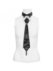 Cool Black Faux Leather Studded Chain Gothic Choker Tie