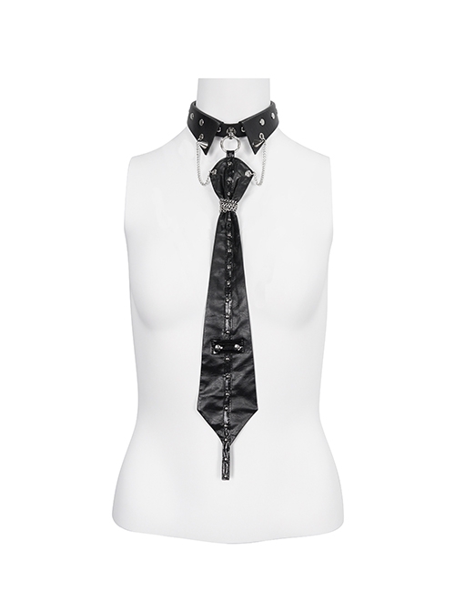 Cool Black Faux Leather Studded Chain Gothic Choker Tie