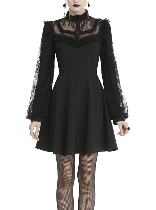 Lace Button Chest Frilly Long Sleeves Black Gothic Dress