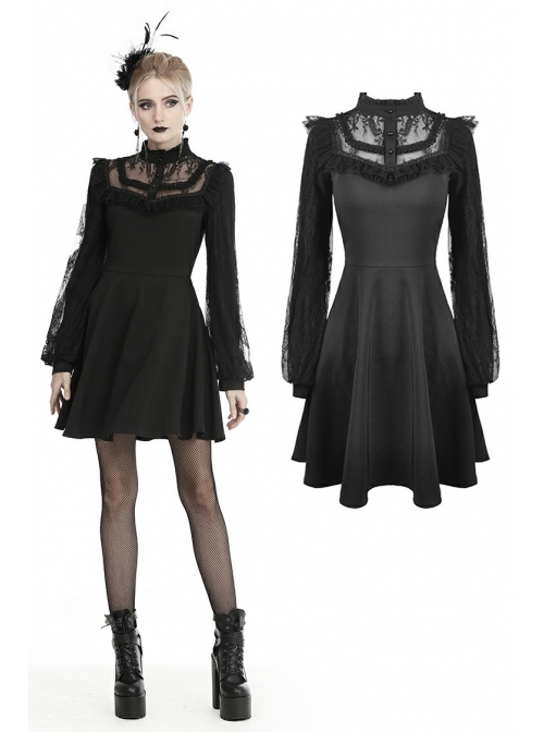 Lace Button Chest Frilly Long Sleeves Black Gothic Dress
