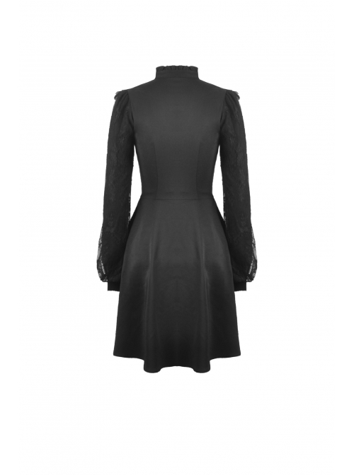 Lace Button Chest Frilly Long Sleeves Black Gothic Dress