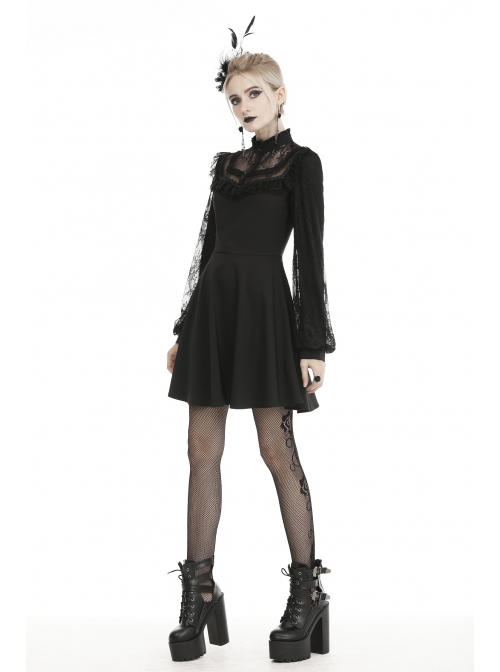 Lace Button Chest Frilly Long Sleeves Black Gothic Dress