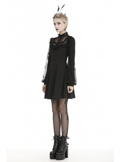 Lace Button Chest Frilly Long Sleeves Black Gothic Dress