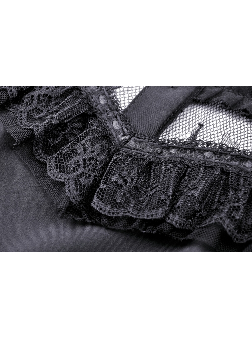 Lace Button Chest Frilly Long Sleeves Black Gothic Dress