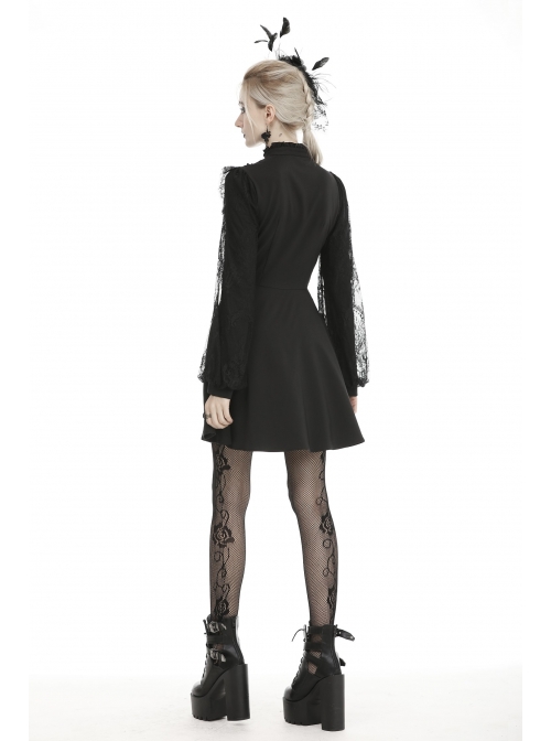 Lace Button Chest Frilly Long Sleeves Black Gothic Dress