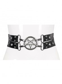 Adjustable Black Elastic Metal Buckle Inverted Pentagram Gothic Double Layer Belt