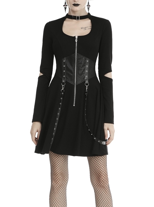 Black Chest Hollow Zippered Leather Bandage Long Sleeves Punk Dress