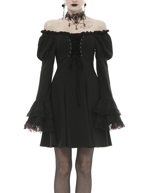Off-Shoulder Chest Lace-Up Long Sleeves Lace Black Gothic Dress