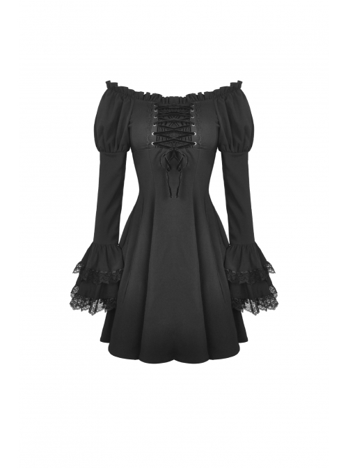 Off-Shoulder Chest Lace-Up Long Sleeves Lace Black Gothic Dress