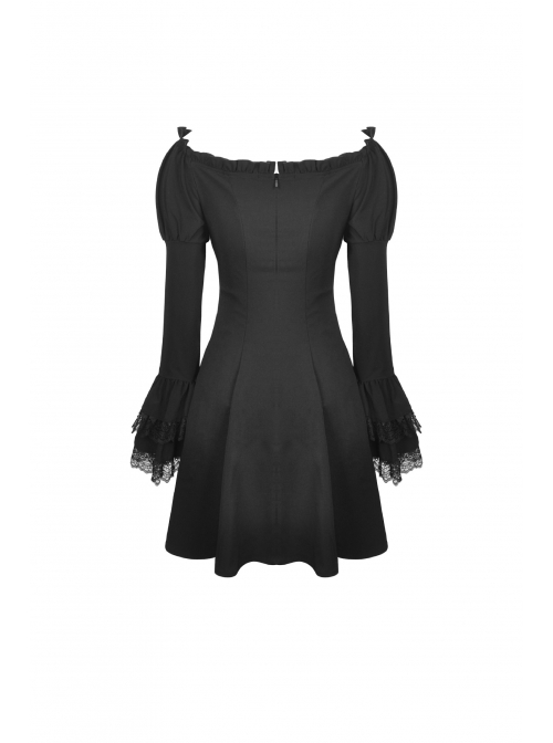 Off-Shoulder Chest Lace-Up Long Sleeves Lace Black Gothic Dress