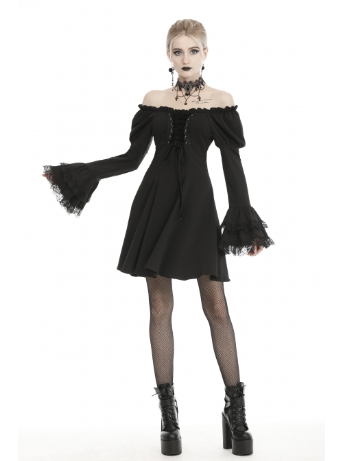 Off-Shoulder Chest Lace-Up Long Sleeves Lace Black Gothic Dress