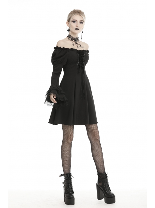 Off-Shoulder Chest Lace-Up Long Sleeves Lace Black Gothic Dress