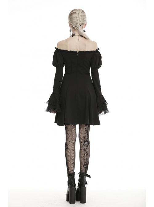 Off-Shoulder Chest Lace-Up Long Sleeves Lace Black Gothic Dress
